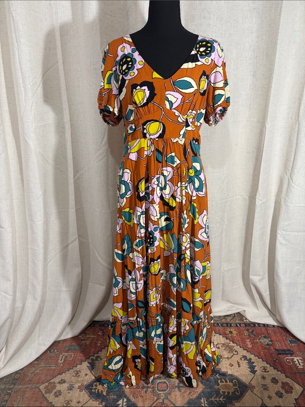 Modcloth Burnt Orange and Floral V-Neck Maxi Dress with Short Puff Sleeves